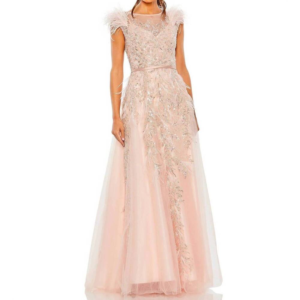 NEW MAC DUGGAL cap sleeve feather dress in blush